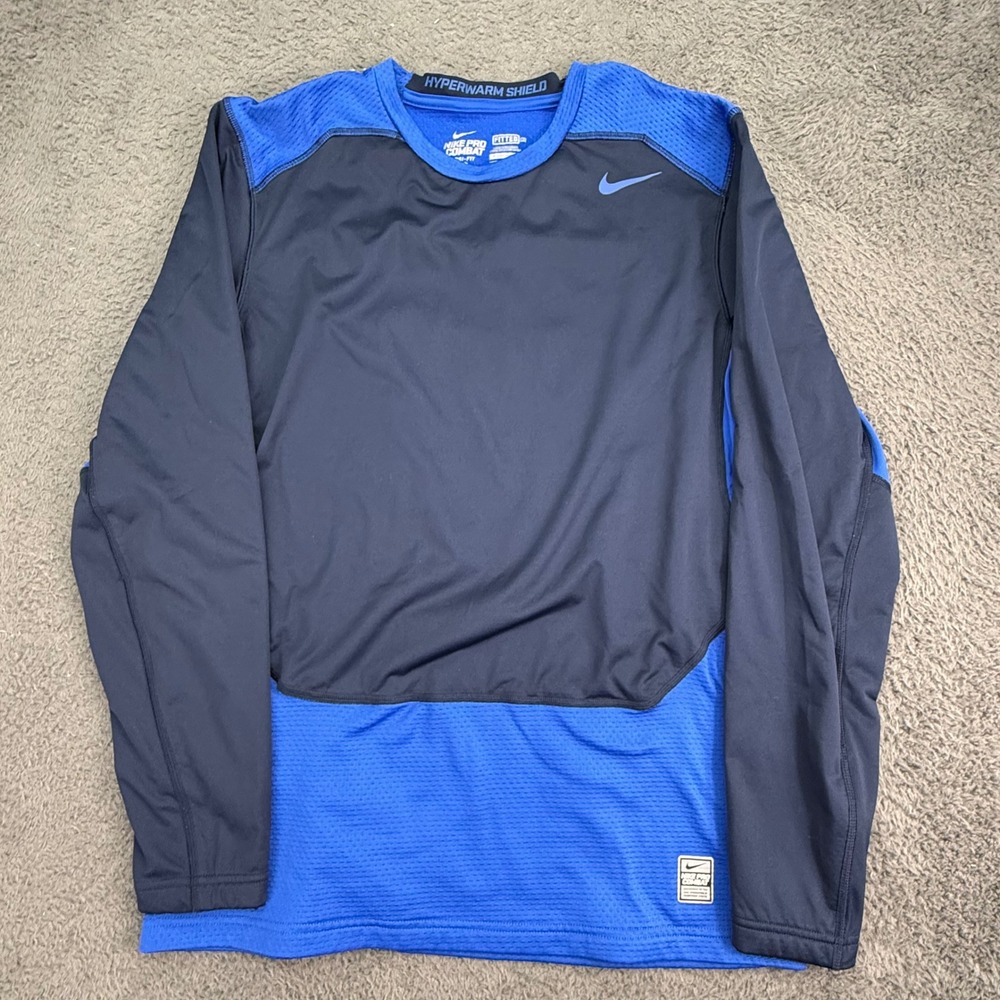 Nike Pro Combat Hyperwarm Shield Mens L Blue Navy Dri-FIT Long Sleeve Fitted Top